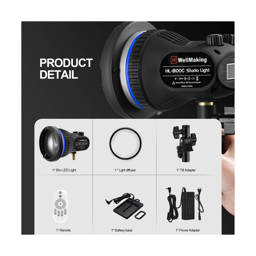 Wellmaking 80W Portable LED Light Continuous Light COB Spotlight Video Light ...