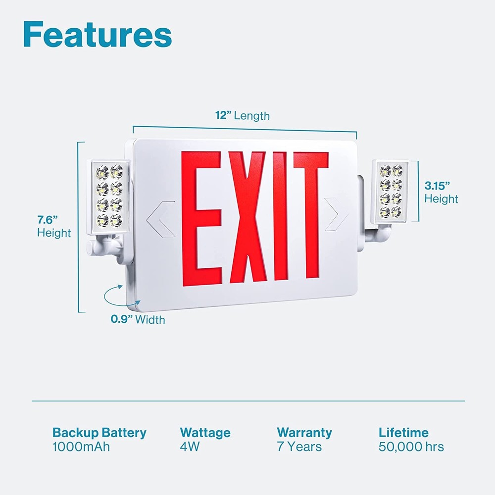 4 Pack LED Exit Sign Emergency Combo Light with Adjustable Two Head Battery UL