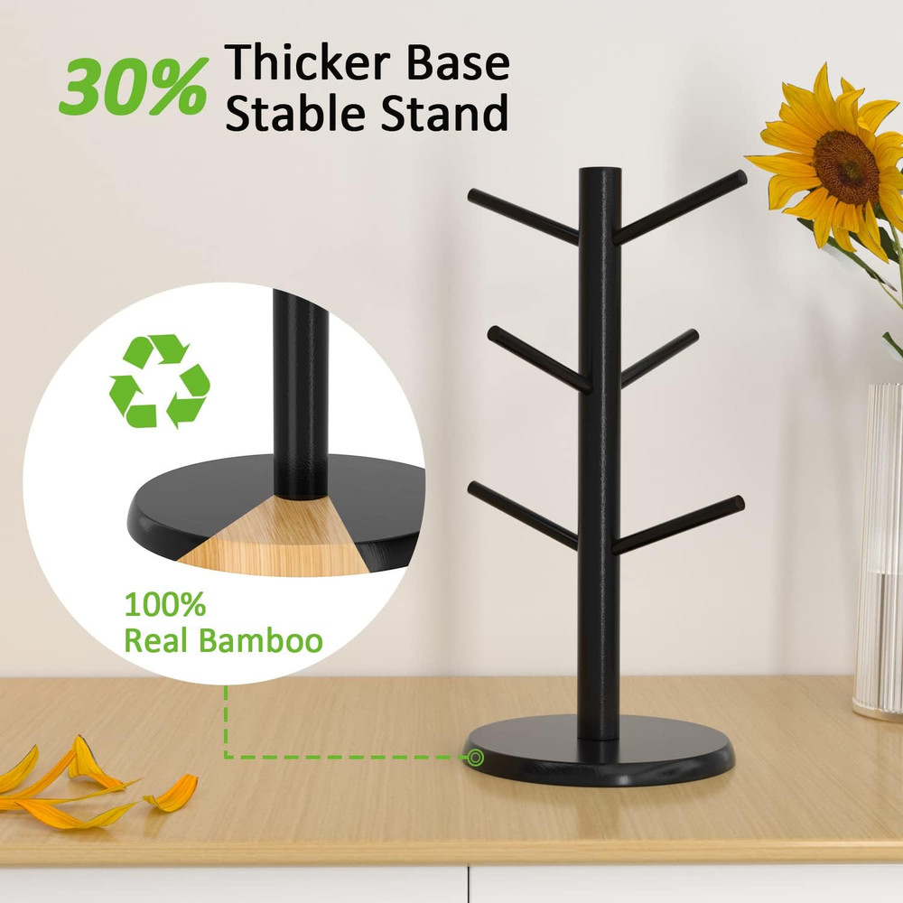 Coffee Mug Holder Black Bamboo Mug Tree with Thicker Base Coffee Cup Stand
