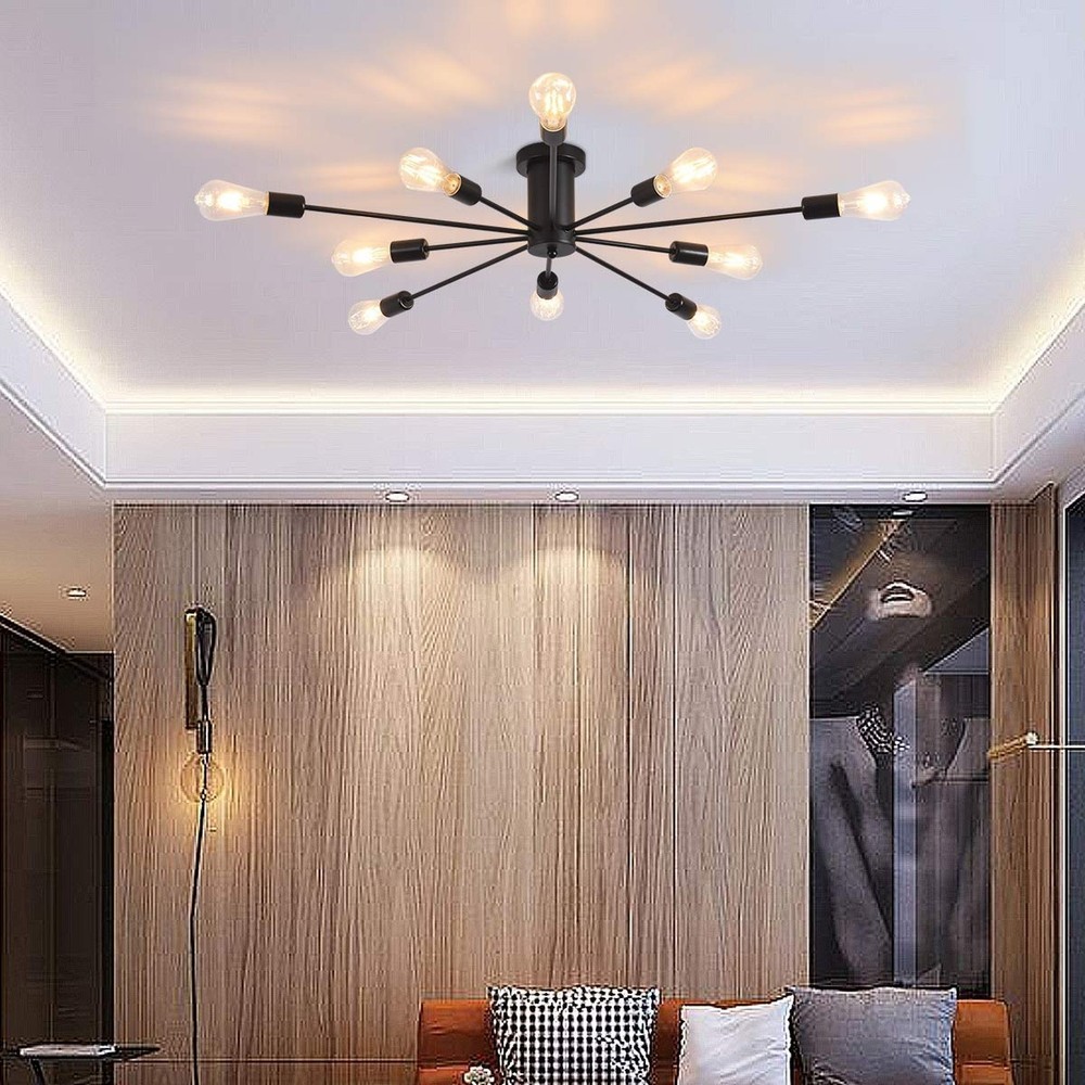 Garwarm Semi Flush Mount Ceiling Light, 10-Light Modern Black Sputnik Chandel...