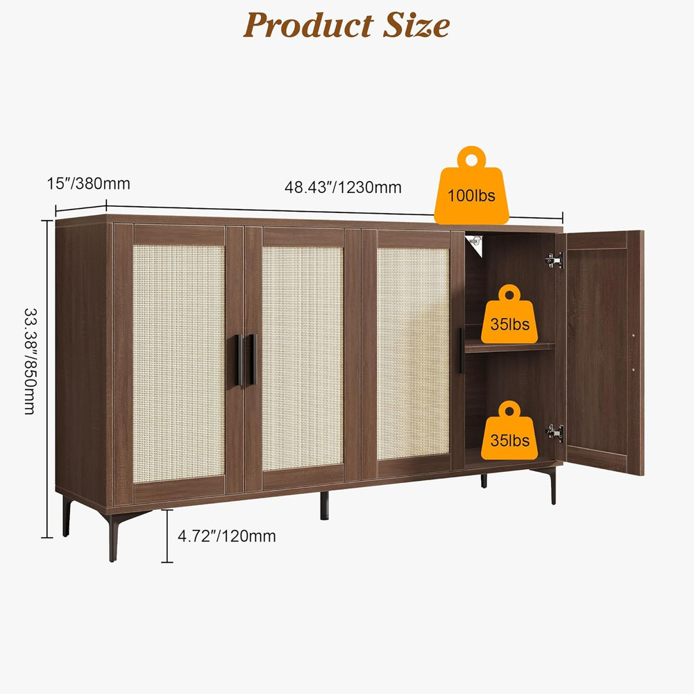 Buffet Cabinet with Storage, 48" Rattan Sideboard with Adjustable Shelves, Moder