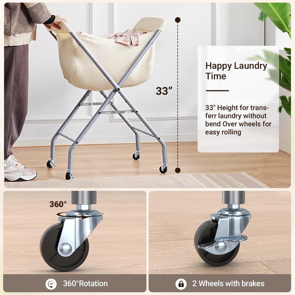 Laundry Cart with Wheels, 33”H Easy Rolling Laundry Hamper with Removable Lin...