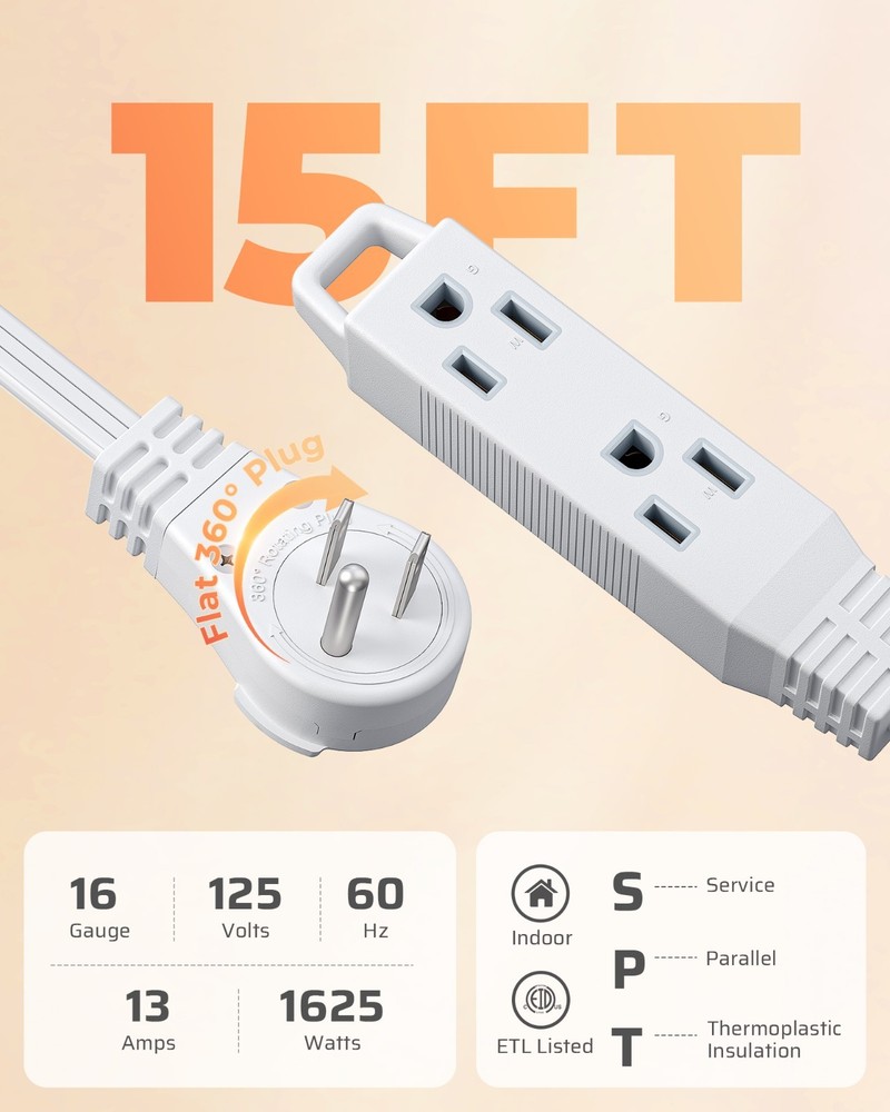 DEWENWILS Ultra Thin Extension Cord, Flat Plug, Space Saving, 15FT White