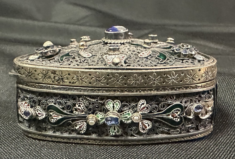 Antique Austrian Jeweled Silver Box Enameled Triangular with Great Work