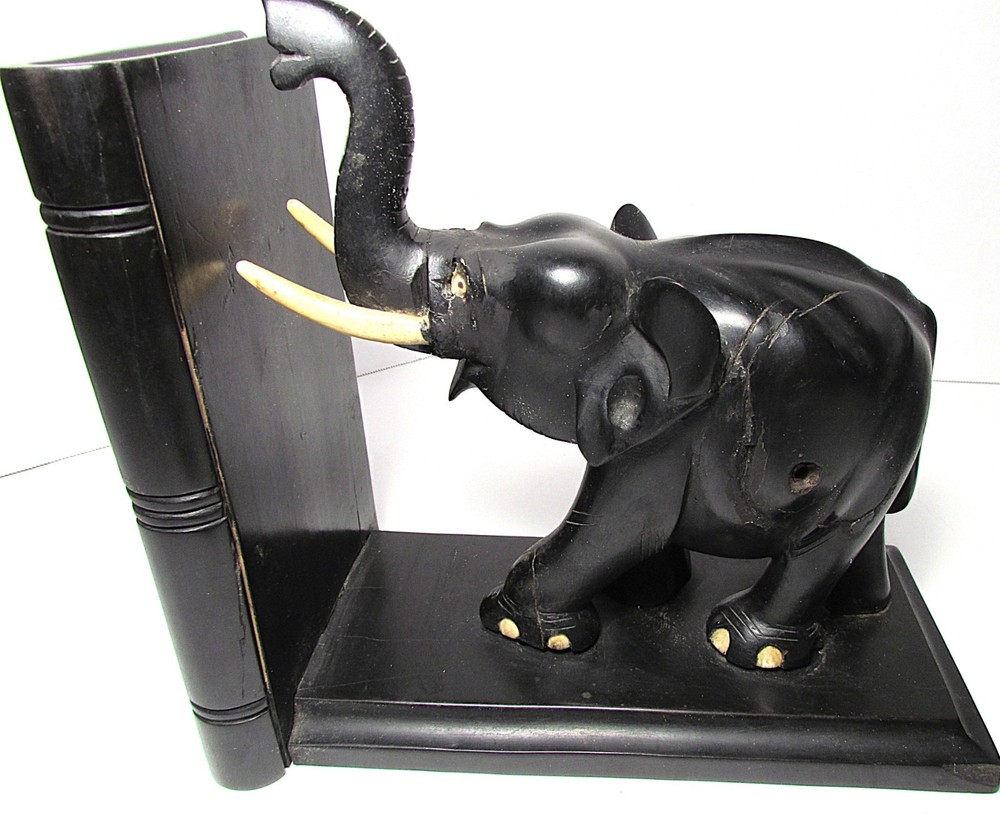 VINTAGE CARVED EBONY ELEPHANT BOOKENDS 7X8X4"