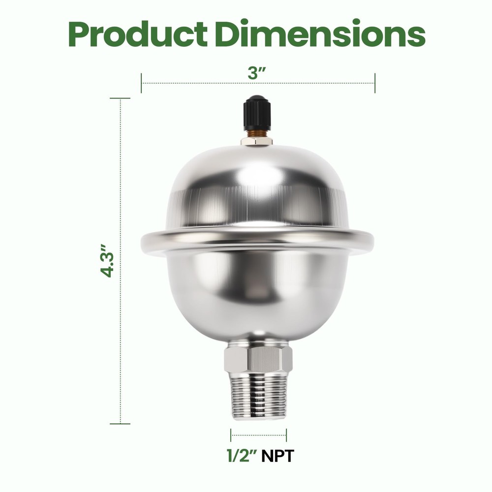 Mini Thermal Expansion Tank with 1/2" MIP Threaded Connection, Stainless Stee...