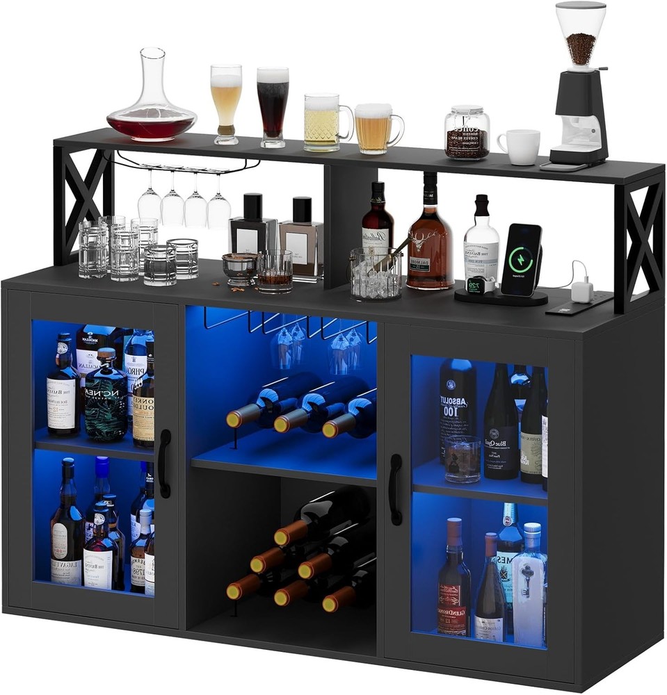 Home Bar Unit, 4-Tier L-Shaped Bar Table with Stemware Racks for Kitchen/Pub