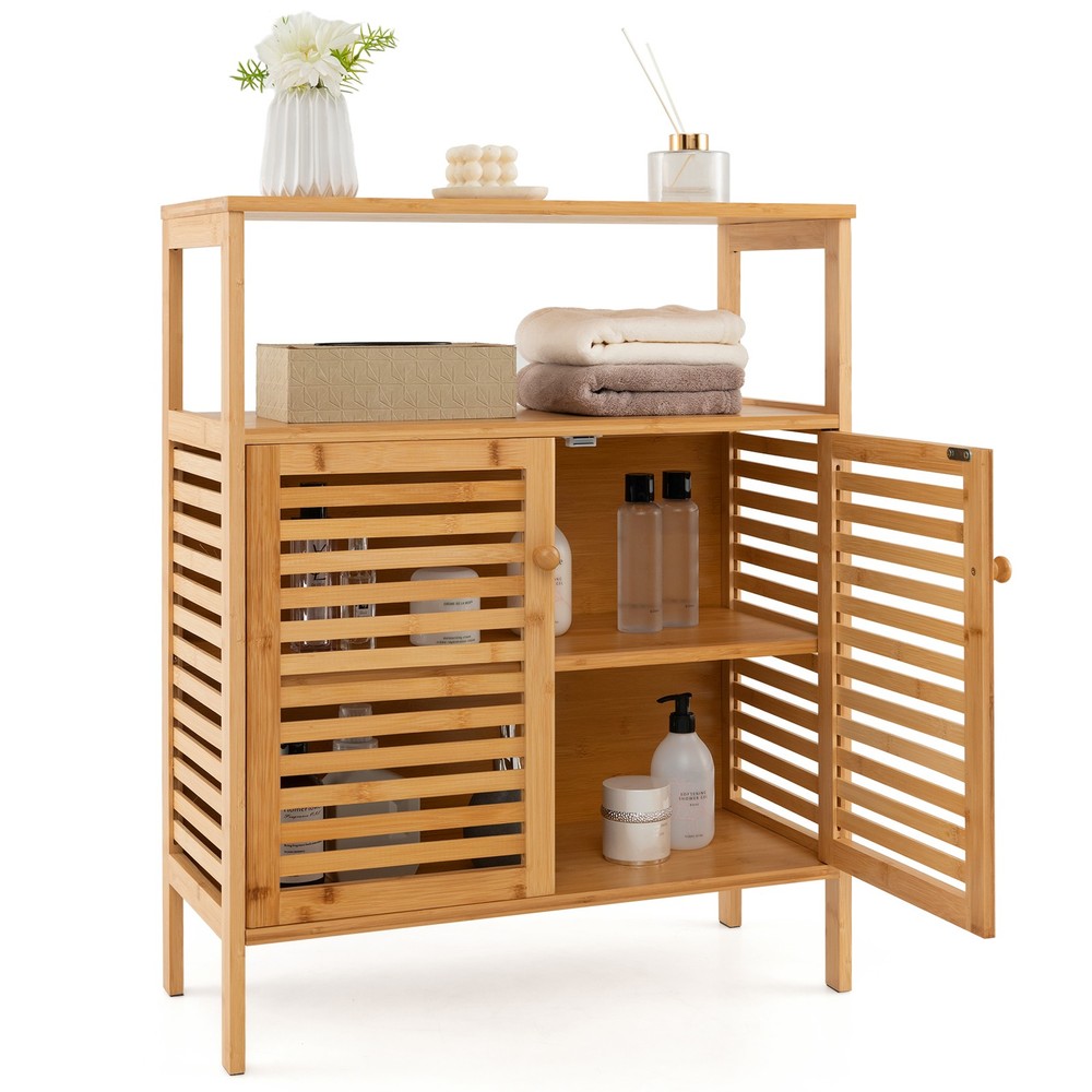 Bamboo Storage Cabinet w/ Double Louvered Doors Open Shelf & Removable Shelf
