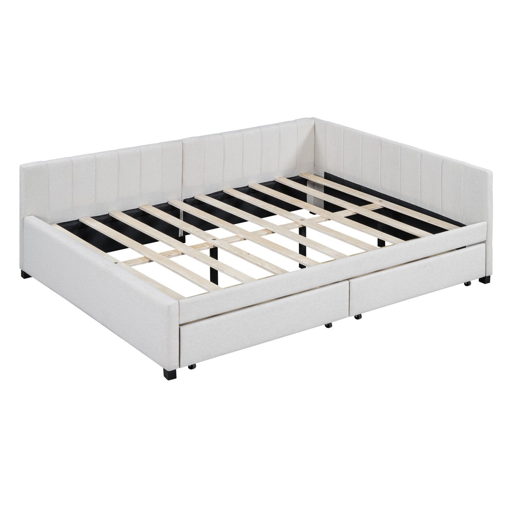 Full Size Daybed Upholstered Bed Frame Sofa Bed w/ 2 Storage Drawer Beige