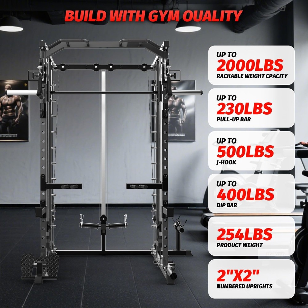 Smith Machine Power Cage Multifunctional Squat Rack with Pulley System Workout