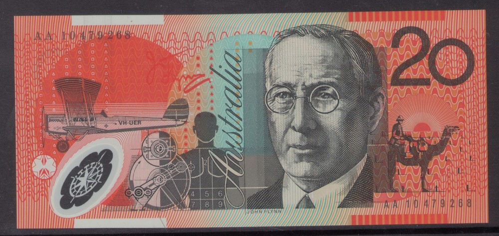 AUSTRALIAN BANKNOTE $20 TWENTY DOLLARS 2010 FIRST PREFIX AA10 UNC