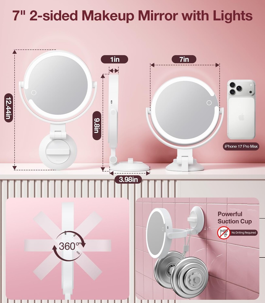 Suction Cup Magnifying Mirror with Light 10X, Wall Mounted Makeup Mirror with...
