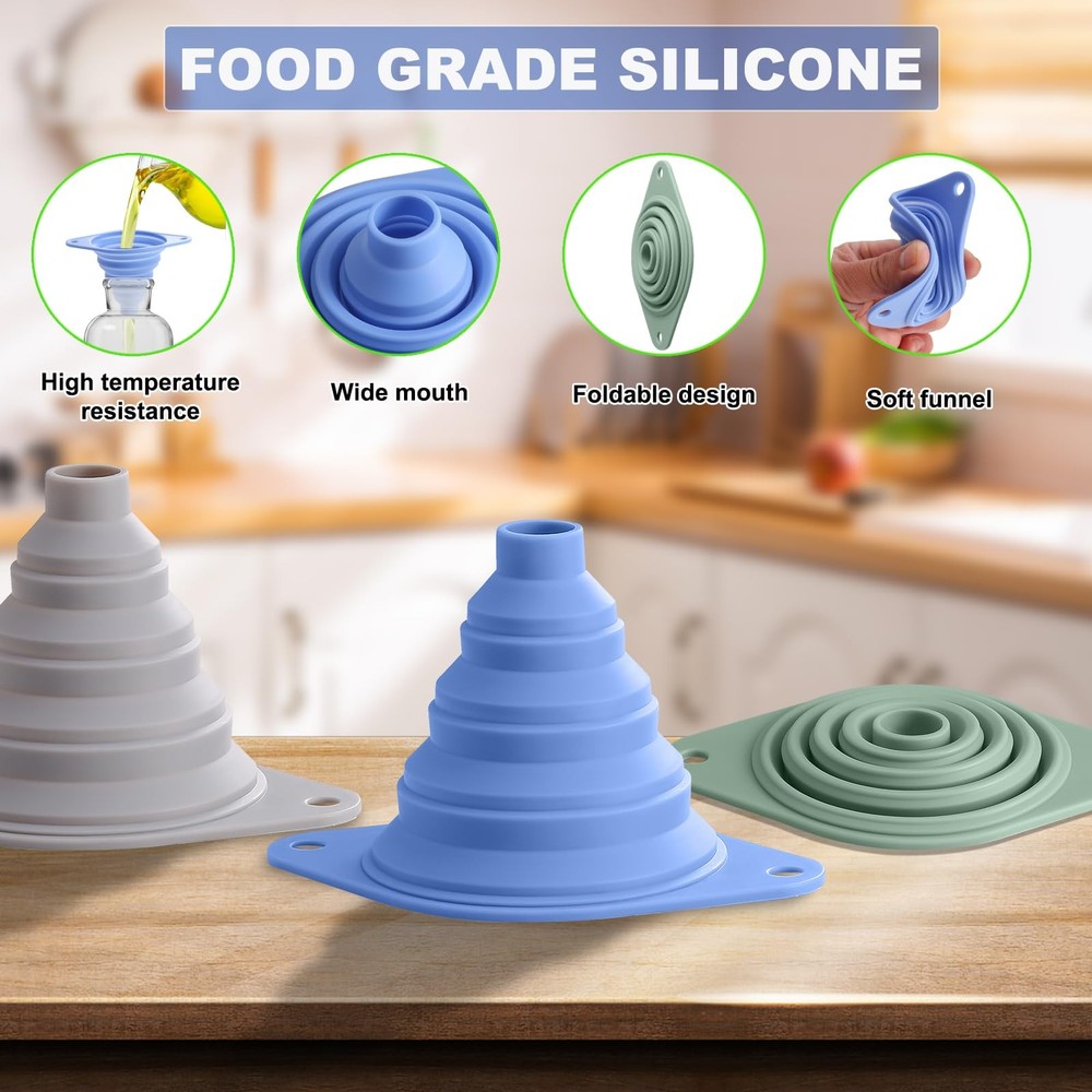 Kitchen Funnel Set 3 Pack, Collapsible Silicone Funnel for Kitchen Use Filling