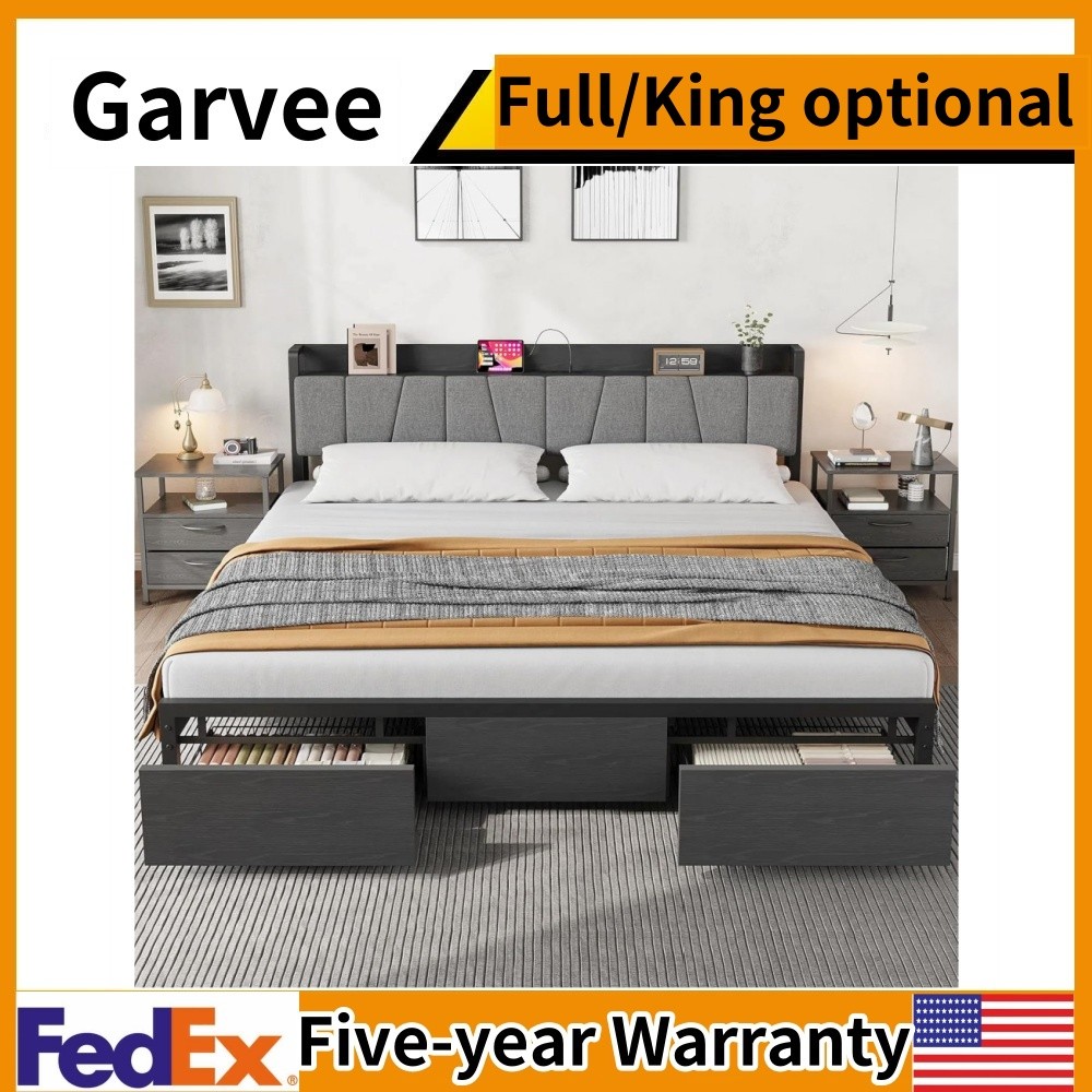 📶Full/King Bed Frame with Storage Headboard 2 Large Drawers and Charging Statio