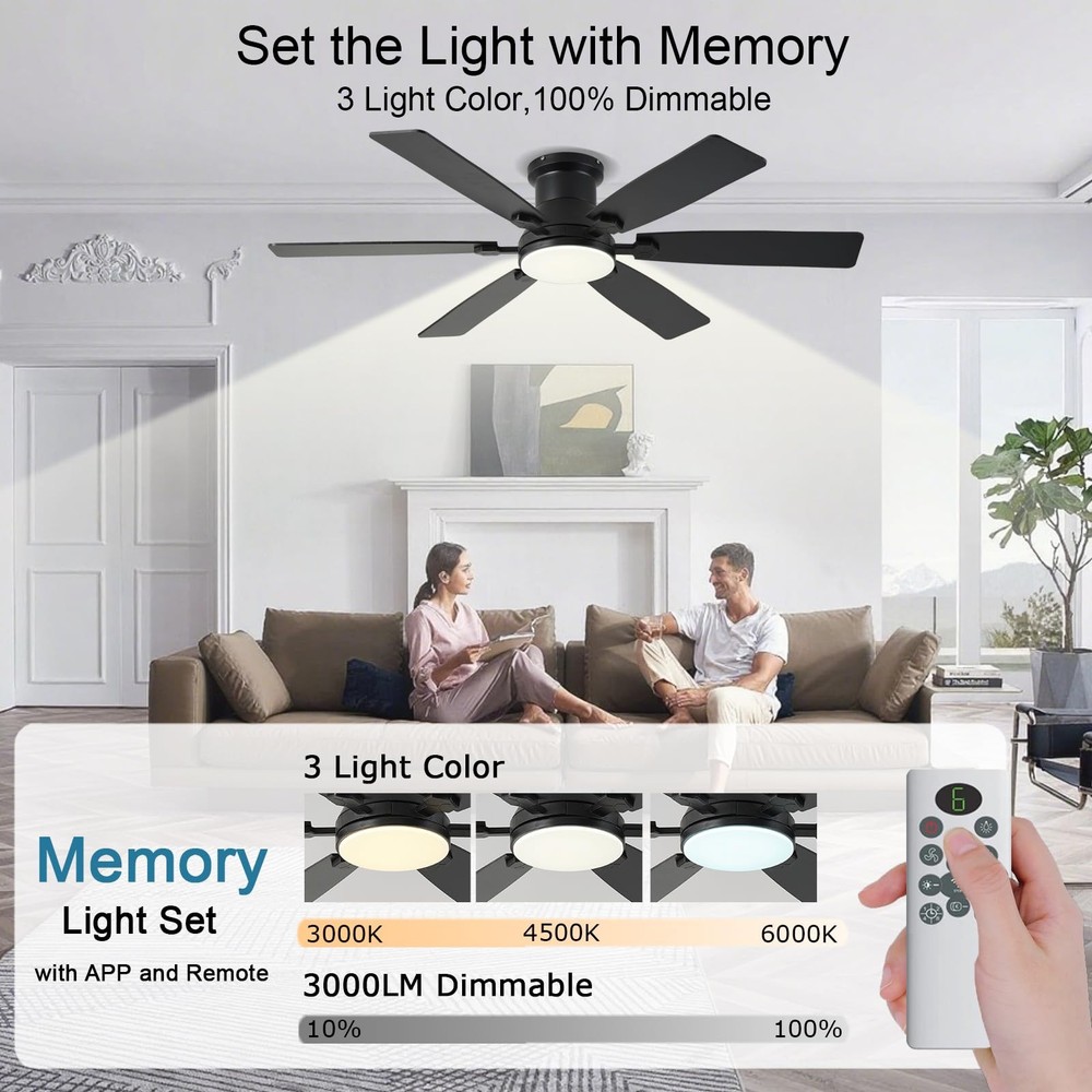 52inch Low Profile Ceiling Fan with Light and Remote/APP Control, LED Dimmabl...