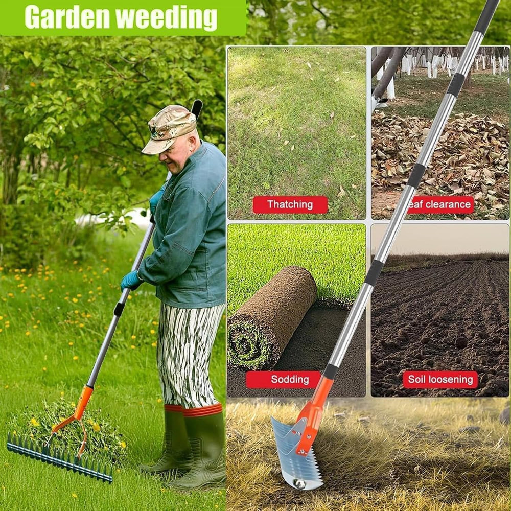 66.9-Inch Manual Lawn Thatch Rake, Adjustable Length Handle Dethatcher Rake, Dea