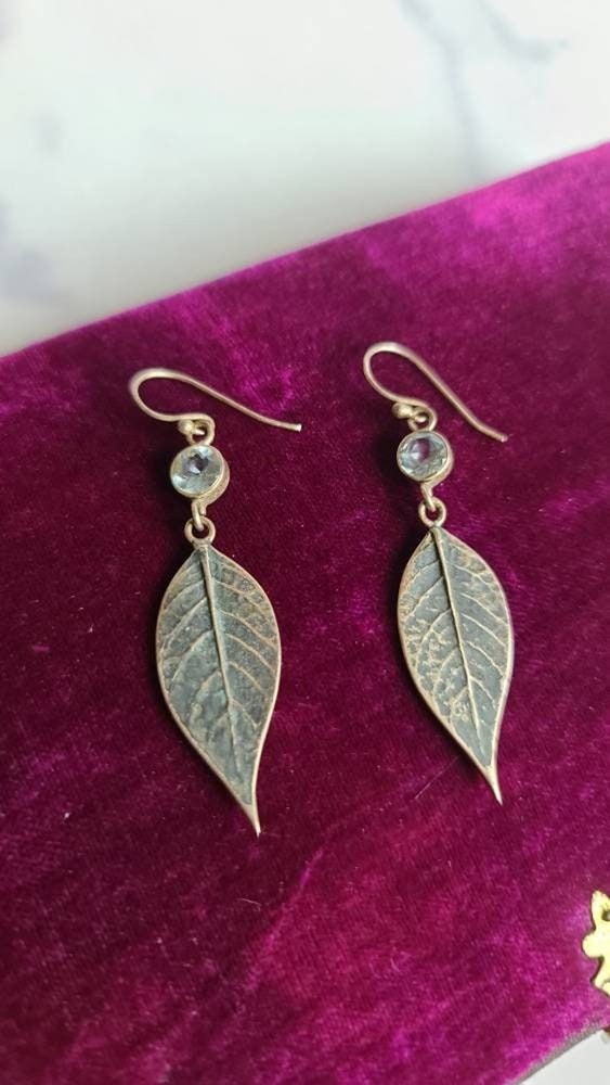 925 Leaf Dangling Topaz Pierced Earrings