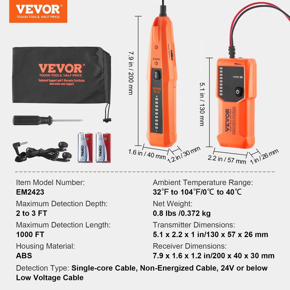 VEVOR Underground Cable Locator,3 FT Max. Detection Depth,Wire Tracer Break Dete