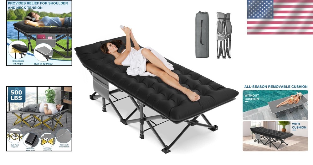 Camping Cot - XXL Size, 900lb Capacity, Quick Fold, Pillow