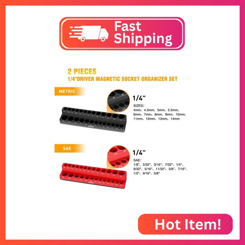GOOACC 1/4" Magnetic Socket Organizer, 2 Pieces Socket Holder Metric SAE Socket