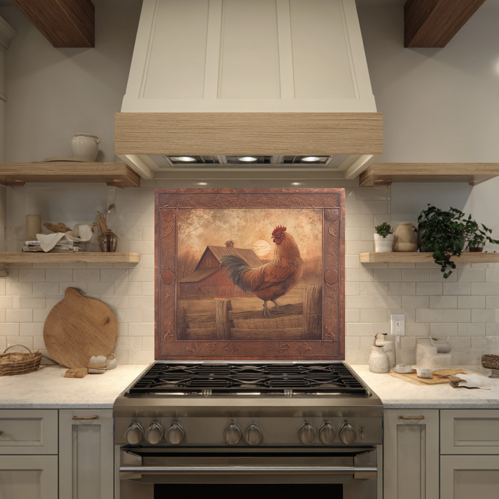 Copper Embossed Look Mediterranean Rooster Glass Backsplash • Rustic Kitchen