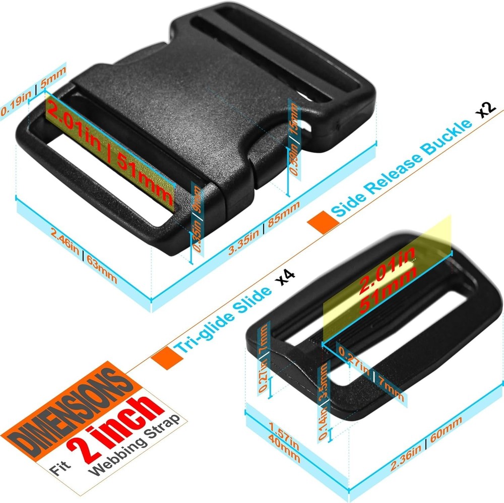 LASIGHT Buckles for 2 inch Wide Webbing 2 Set 2 Webbing, Black_2x2"