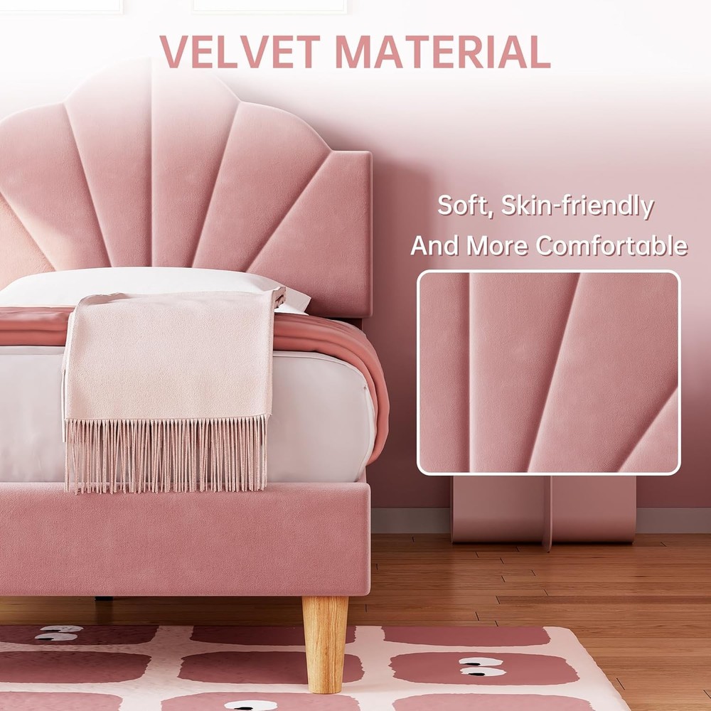 Pink Twin Bed Frame Velvet Upholstered Platform Bed Frame Adjustable Headboard