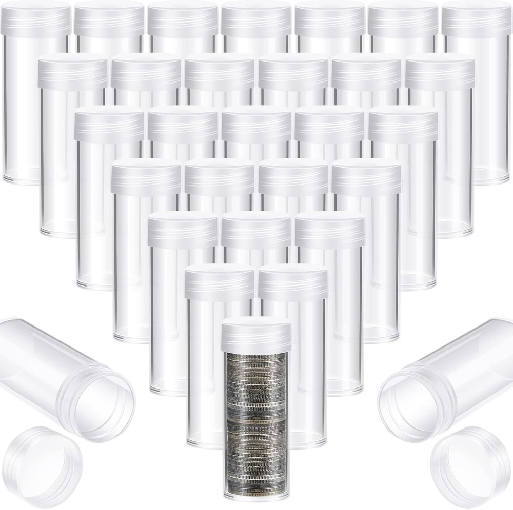 30 Pack Clear Plastic Coin Storage Tubes with Rotatable Lids