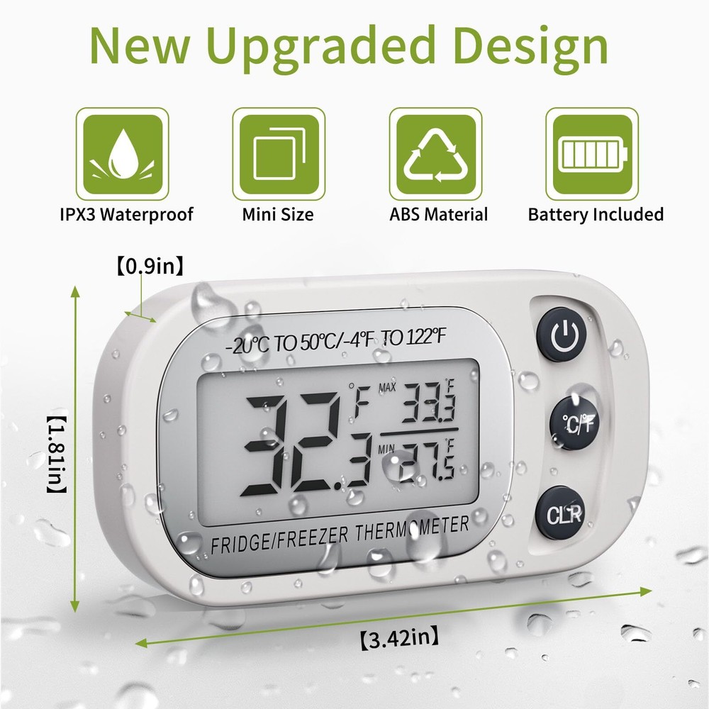 2 Pack Digital Fridge Thermometer with Hook and LCD Display for Kitchen Home