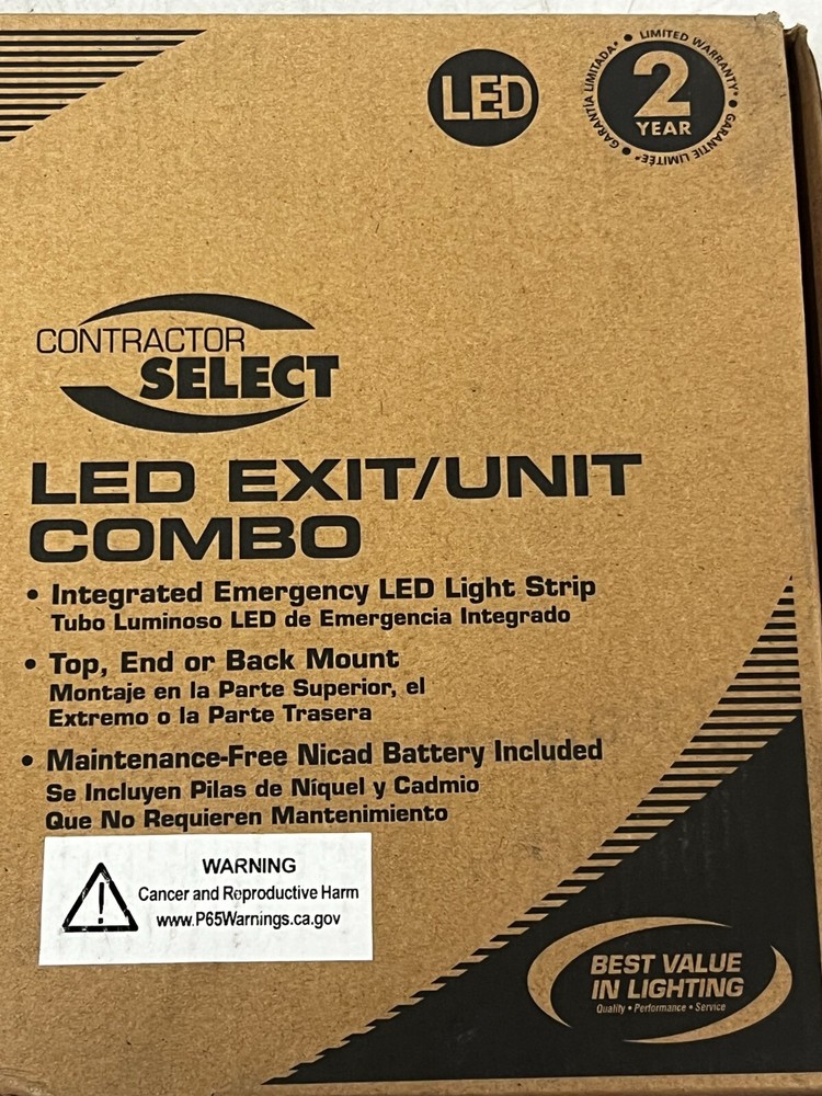 QTY 2 Exit Sign w/Emergency Lights: White, 1 or 2 Faces, Red, LED, Ceiling/Wall