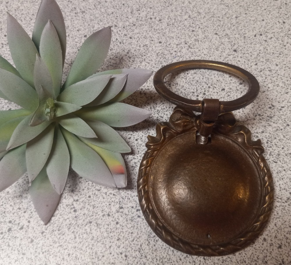 Antique Victorian Cast Brass Ornate Drop Ring Drawer Pull Decorative Makers Mark