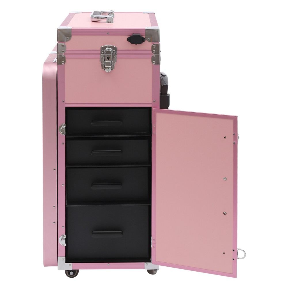 Nail Desk Mobile Station Rolling Makeup Train Case Manicure Table Pink Modern