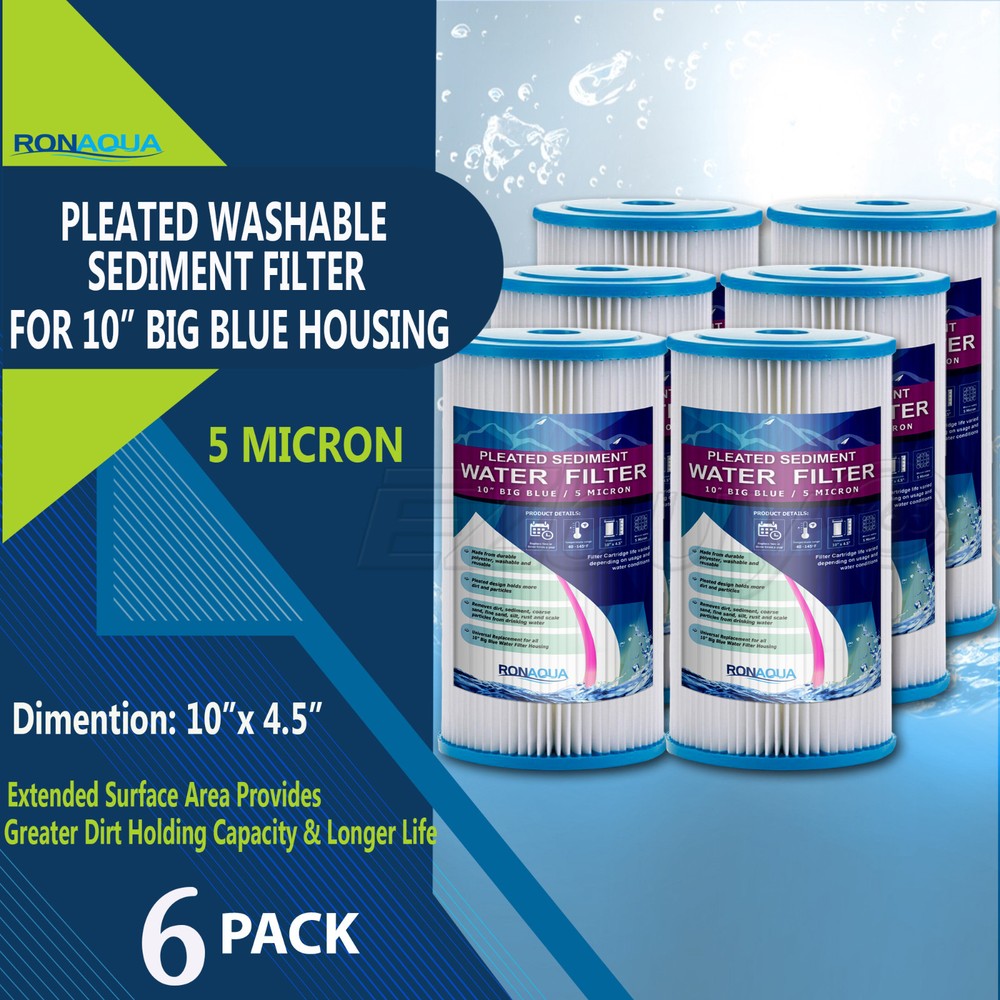 Big Blue Pleated Sediment Water Filters 6 Washable 5 Micron Cartridges 4.5 x 10