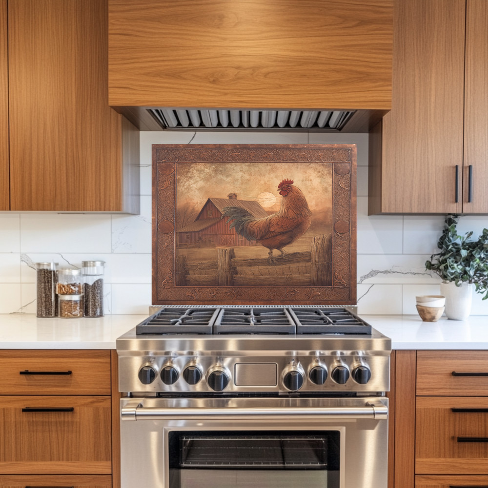 Copper Embossed Look Mediterranean Rooster Glass Backsplash • Rustic Kitchen