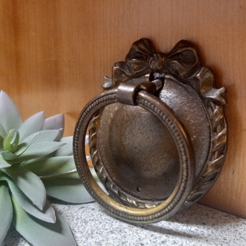 Antique Victorian Cast Brass Ornate Drop Ring Drawer Pull Decorative Makers Mark