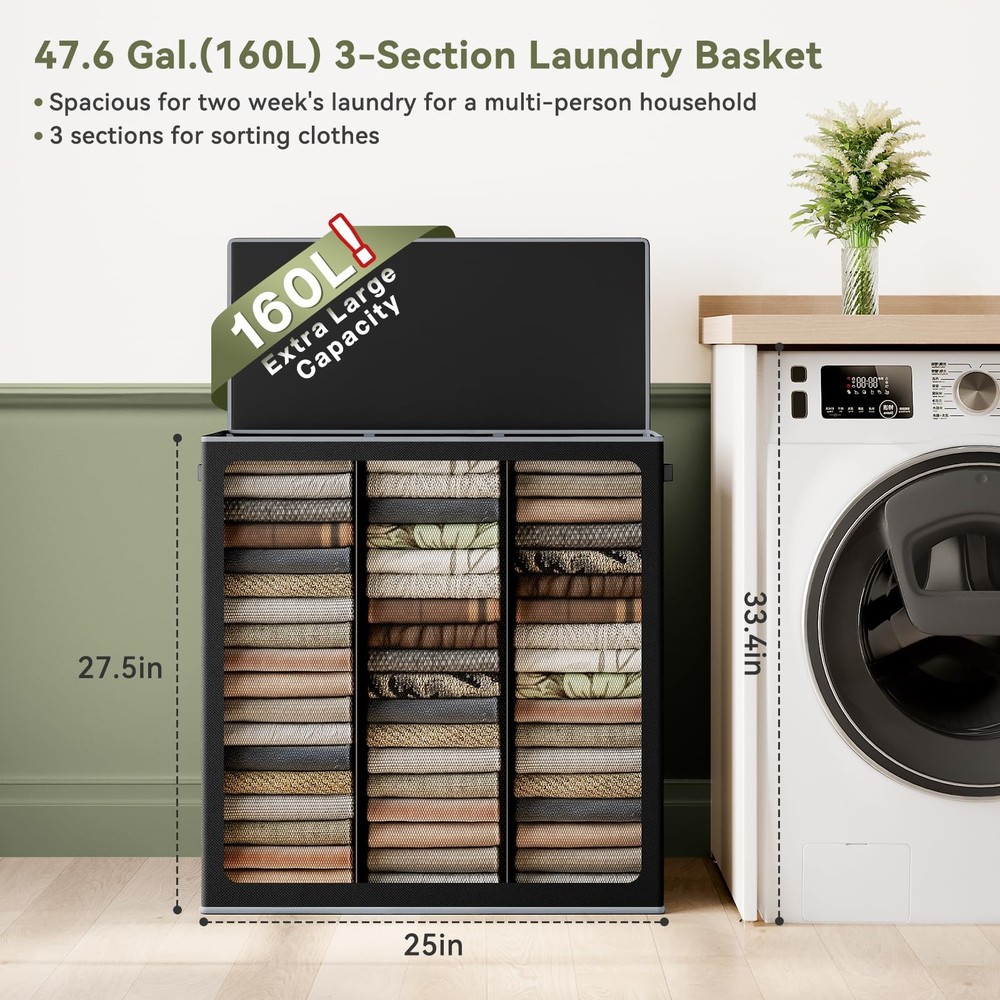 160L 3 Section Laundry Hamper with Lid Extra Large Clothes Basket Organizer