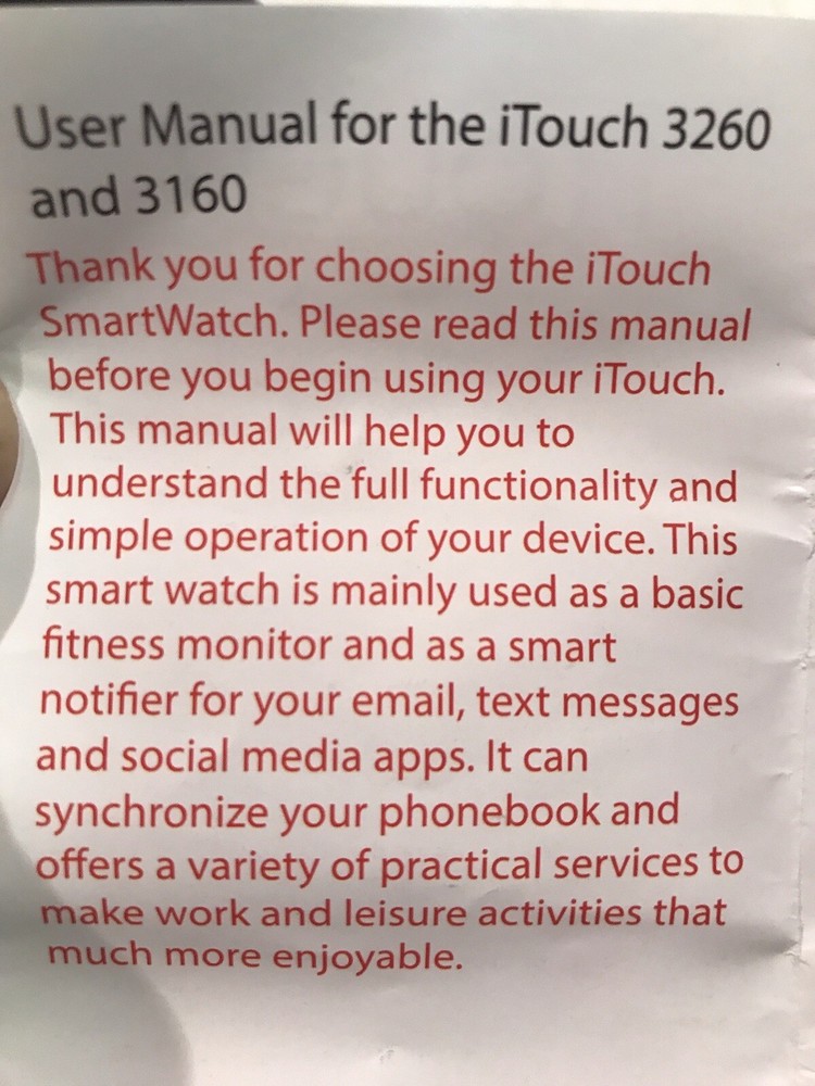 ITOUCH SMART WATCH BLUETOOTH ANDROID/IOS CALLS-TEXTS-EMAILS IN BOX