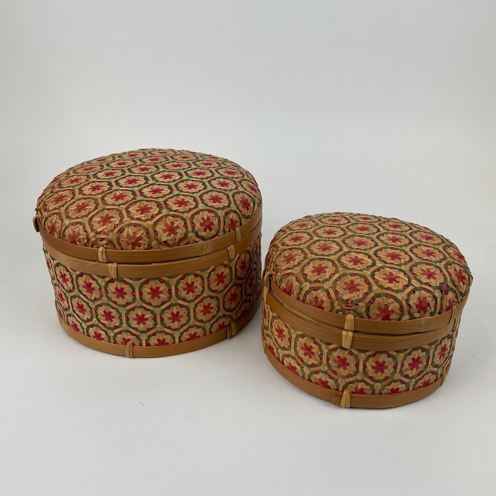 Thai Handicraft Bamboo Nesting Boxes Pikul Pattern Basket Set 2 EUC Decor