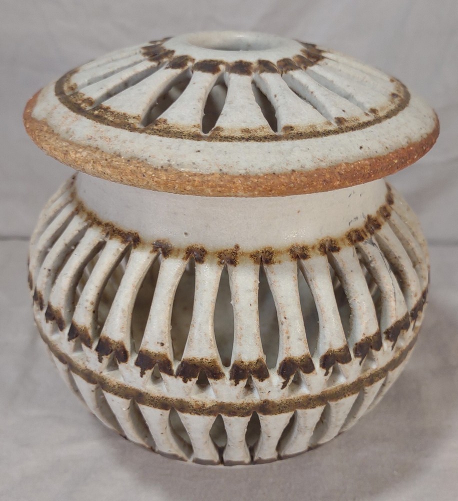 Vintage Porter Studio Pottery Reticulated 6.5" Covered Jar/Diffuser MCM Style