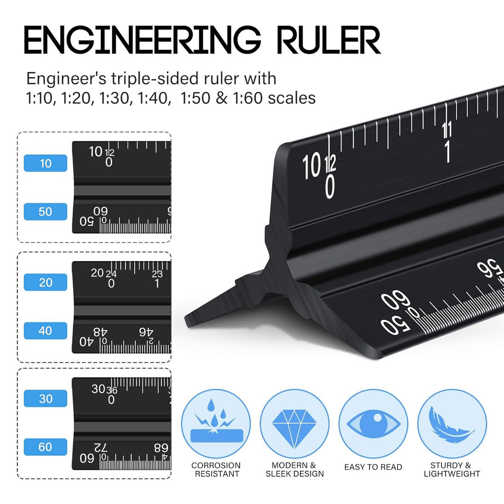 10 Pieces 12 Inch Architectural Scale Ruler Aluminum Triangular Engineering Rule