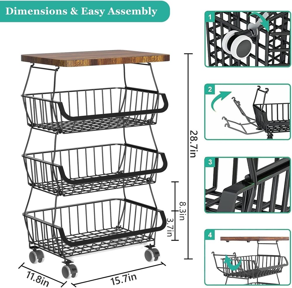Fruit Basket with Wooden Lid,4 Tier Stackable Fruit and Vegetable Storage Basket