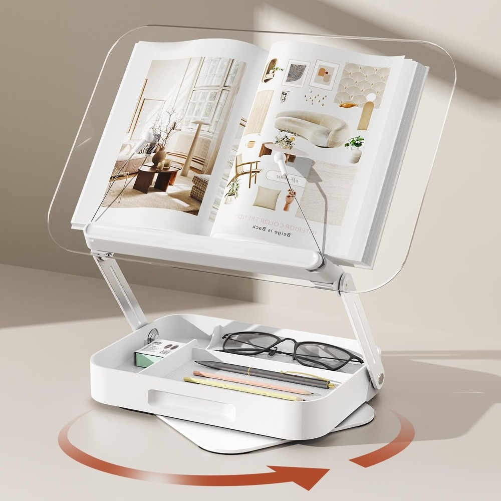 Acrylic Book Stand Storage 360 Rotating Base, Foldable Desktop Riser Holder