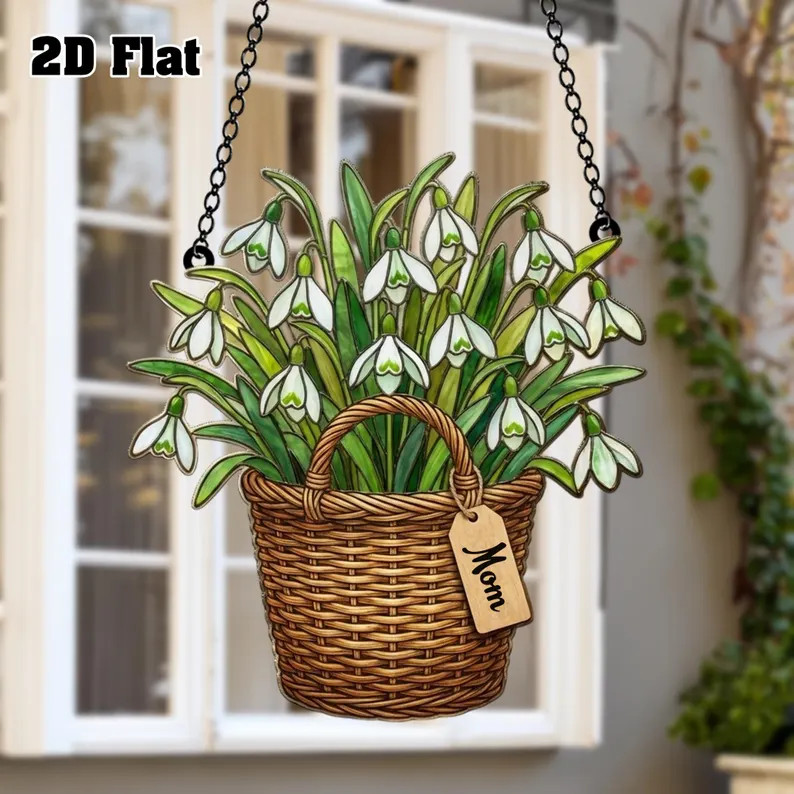 Snowdrop Flower Basket Suncatcher Acrylic Window Decor Gift