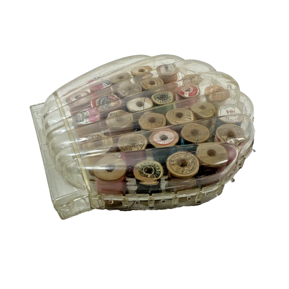 Vtg Plastic Clear Acrylic Thread Spool Holder Seashell Clam Shell Shape w Thread