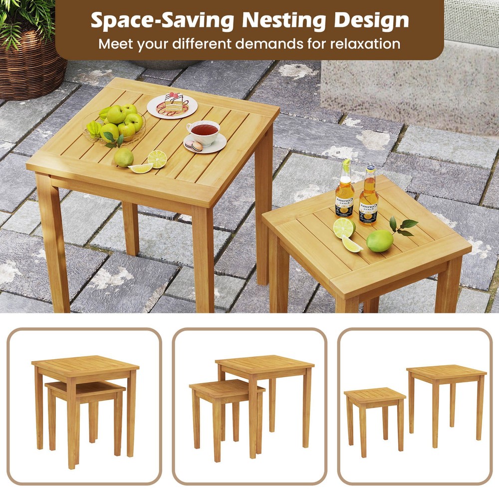 2 PCS Patio Nesting Table Teak Wood Outdoor Space Saving Design Square End Table