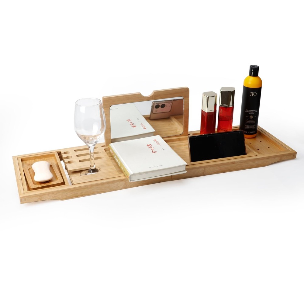 Bathtub Tray Table with Mirror and Bath Pillow, Expandable and Foldable Bambo...