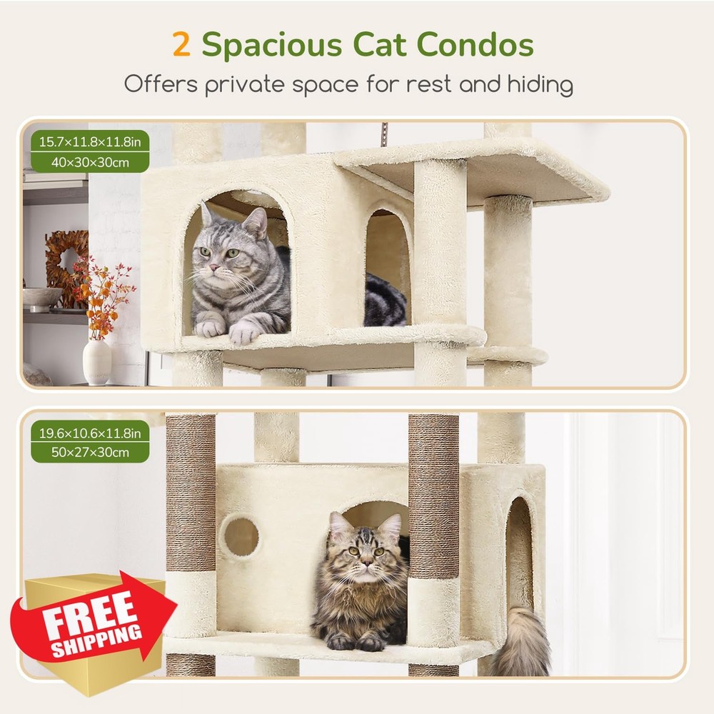 Globlazer 74" Beige Cat Tree Tower 2 Caves Oversized Perch