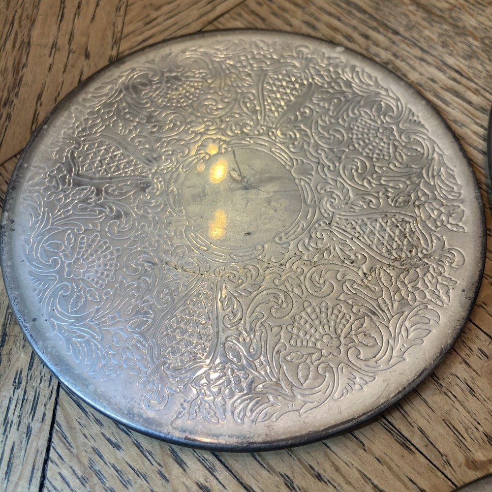 4 Embossed SilverPlate Antique Drink Coasters With Holder Unmarked.