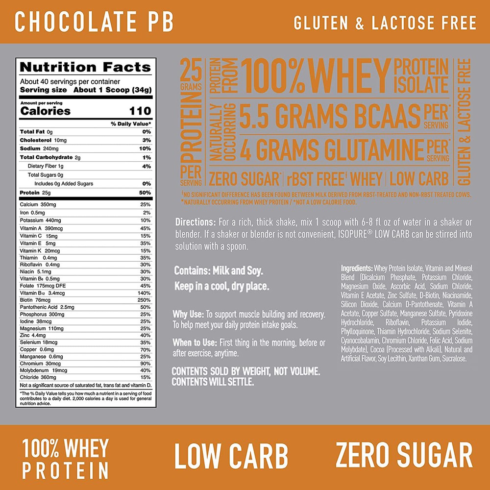 Isopure Zero Carb, 25g 100% Whey Protein Isolate, Chocolate Peanut Butter, 3lb