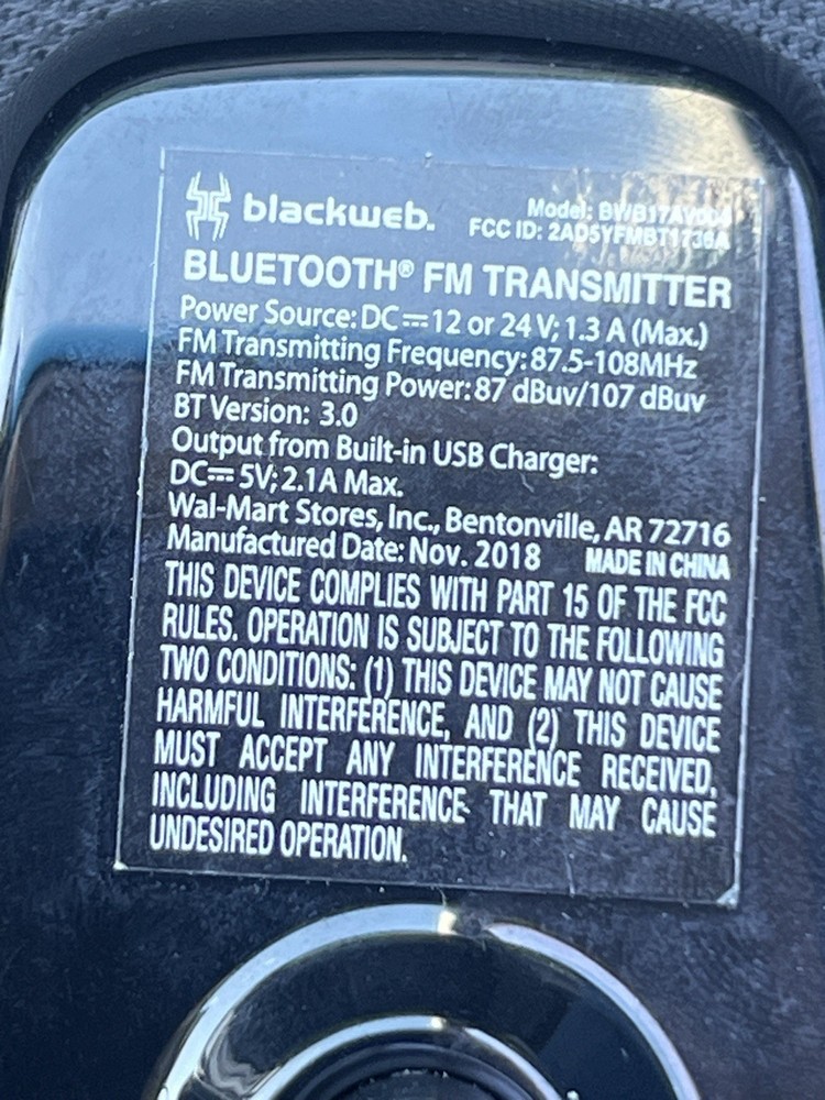 Bluetooth FM Transmitter With Built In Charger 5V 2.1A Max.